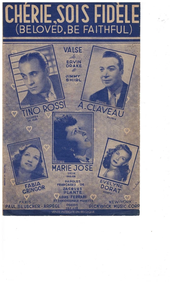 Partition   " CHERIE  ,SOIS FIDELE  "   Accordéon chant. - Photo 1/1