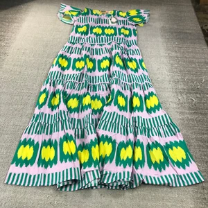 New Oliphant Dress Womens Small 3042V Puff V Neck Maxi Ikat Lilac Green Pink A45 - Picture 1 of 9
