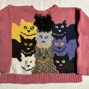 Pink Many Cats In Different Colors Hand Knit Sweater Pullover For Child Kid Girl - Picture 1 of 15