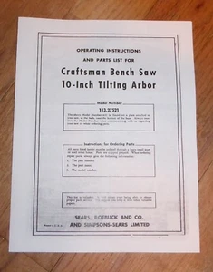 SEARS CRAFTSMAN 10 INCH BENCH SAW OWNERS MANUAL 113.27521 27521 TABLE TILTING AR - Picture 1 of 1