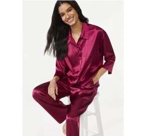 Joyspun l XL Women's Rose Sangria Solid Satin Two Piece Lounge Pajama Sleep Set - Picture 1 of 6