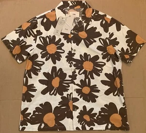 Neu mit Etikett $ 155 kurzärmliges Herrenhemd Folk Clothing Baumwolle braun hellbraun Blumen Größe XL - Bild 1 von 3