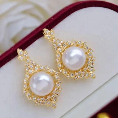 Gorgeous AAA 10-11mm natural Akoya White Stud pearl earrings Stud 14K Gold P - Image 1 of 4