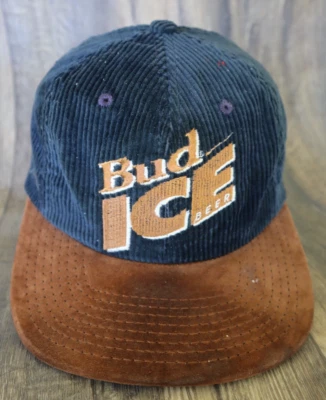 VTG Bud ICE Corduroy LEATHER Strap Back Hat  Made USA RARE BUDWEISER #23 - Image 1 of 4