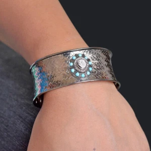 Diamond Pave 925 Sterling Silver Wedding Cuff Bangle Turquoise Fine Gift Jewelry - Picture 1 of 3