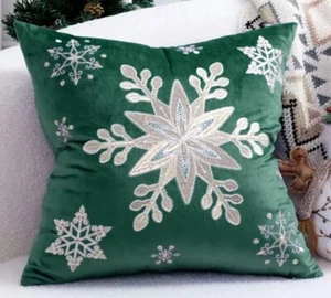 Silver Gold Snowflakes Embroidered Velvet Throw Pillow Cover Holiday Home Decor - Picture 1 of 5