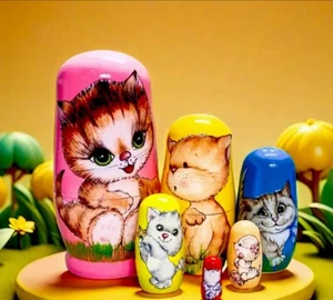 RUSSIAN “PUSSY CAT”WOODEN NESTING STACKING DOLLS BOXED 🌸BRAND NEW - Picture 1 of 6