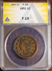 1851 1c Large Braided Hair Cent F-15  ANACS # 7465100 + Bonus - Picture 1 of 2