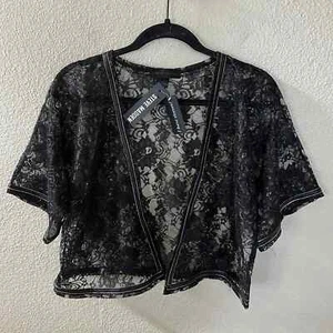 NUOVO cardigan Steve Madden finiture nastro in pizzo nero OSFM nuovo con etichette - Foto 1 di 8