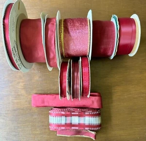 Lot of (10) Burgundy or Maroon Ribbon Spools - Offray Satin Wired Sheer Plaid - Picture 1 of 23