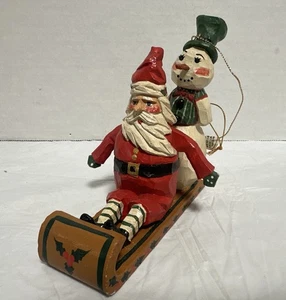 Vintage House Of Hatten Weihnachtsmann & Schneemann Schlitten Rodel Volkskunst Weihnachtsschmuck - Bild 1 von 9
