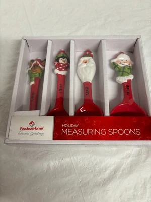 Christmas Ceramic Set of 4 Measuring Spoons Santa Penguin, Snowman, Reindeer NEW - Image 1 of 2