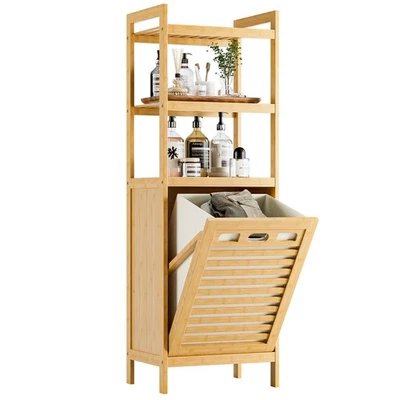 Tilt Out Laundry Hamper, Bamboo Laundry Basket with Foldable Bag and 3 Open S... - Image 1 of 4