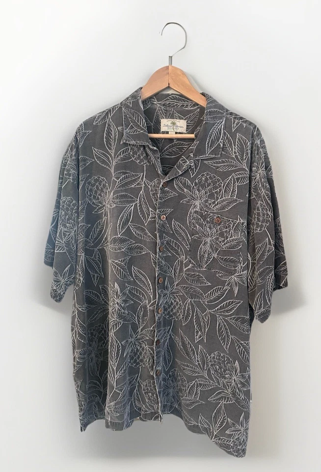 Camisa Island Shores Hombre 3XL Alta Gris Seda Floral Jacquard Hawaiano Playa Botón Foto 1 de 4
