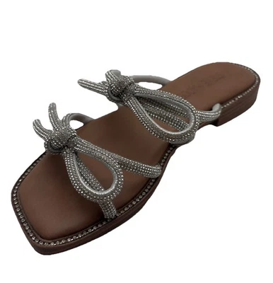 Steve Madden Rhinestone Bow Slides Square Toe Maddison Bling Flats Size 5 New - Image 1 of 4