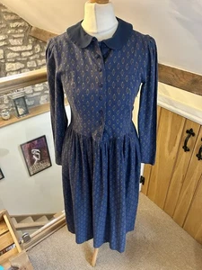 Laura Ashley Vintage Wool Blend Dress Navy Folk Print Collar Size 14 (Modern 10) - Picture 1 of 9