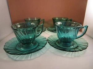 Vintage Jeanette Glass Ultramarine Swirl Blue Green Set of 4 Cups & Saucers D - Picture 1 of 9