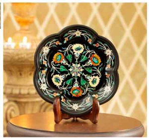 Plato de mármol negro de 10" con incrustación floral Pietra Dura decoración del hogar antiguo k2 - Imagen 1 de 5