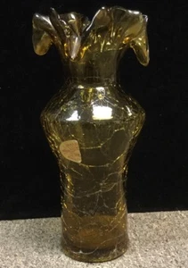 Vintage Hand Blown Crackle Glass Fluted Golden Amber Vase by Sunset Glass - Picture 1 of 4