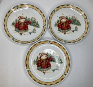 "3 platos Gibson Everyday China Navidad muñeco de nieve Frolic 10"" árboles pájaros amarillo" - Imagen 1 de 5