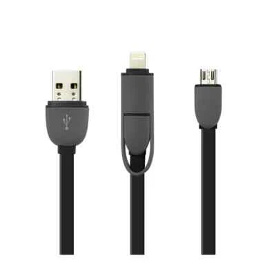 REIKO IPHONE 6 AND MICRO USB FLAT CABLE 3.2FT 2-IN-1 USB DATA IN BLACK - Image 1 of 4