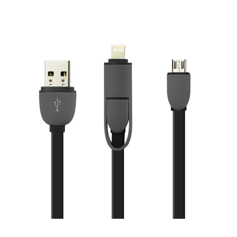 CABLE PLANO REIKO IPHONE 6 Y MICRO USB 3,2 PIES 2 EN 1 USB DATOS EN NEGRO Foto 1 de 4