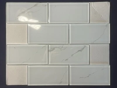 M05N White/Gray Glass Rectangle Mosaic Tile Kitchen Bathroom Backsplash - Image 1 of 4