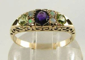 SUFFRAGETTE 9K 9CT GOLD AMETHYST PERIDOT OPAL ART DECO INS BOAT RING Size O - Picture 1 of 6