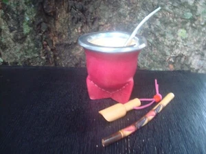 Mate Gourd  Lined in Leather Mate Camionero  (2) Straw  Red  4 X 3 1/2" - Picture 1 of 1
