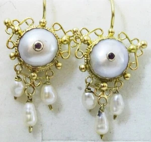 Handmade 18 karat Gold , Pearl and Ruby Earrings - Picture 1 of 6