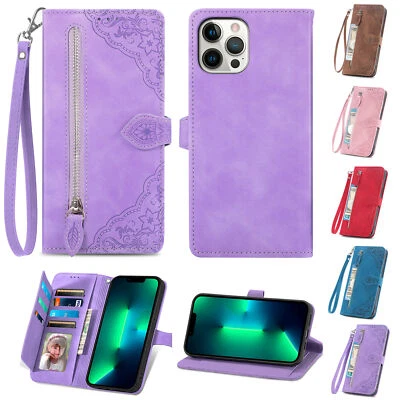 Zipper Wallet Women Case Leather Flip Cover For iPhone 14 Pro Max 13 12 11 Strap - Image 1 of 4
