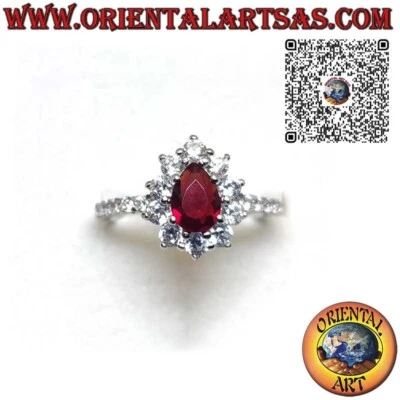 Anello in Argento 925‰ con granato a goccia incastonato contornato da zirconi - Immagine 1 di 4