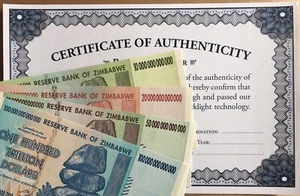 ZIMBABWE ZIM 10, 20, 50,100 TRILLION DOLLARS 2008 AA SET UV INSPECTED WITH COA - Picture 1 of 12
