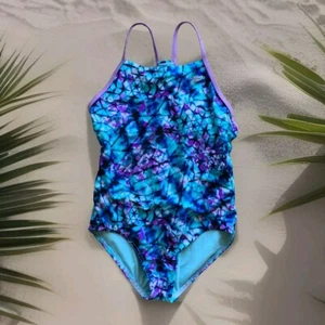 SPEEDO Girl's One-Piece Lined Swimsuit Racerback Purple Blue Tie Dye YOUTH Sz L - Picture 1 of 12