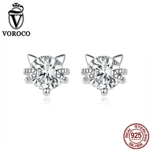 Voroco S925 Pendientes de Plata Esterlina Gatito Brillante Nuevo Dije CZ Para Mujeres Joyería - Imagen 1 de 12