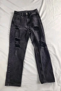 Romwe Jeans XS Women Black Distressed High Rise Straight Leg Denim Casual Trendy - Picture 1 of 13