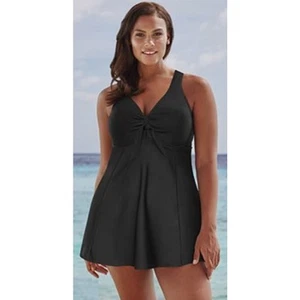 Swimsuits For All NEW Black Tie-Front V-Neck Swim Dress Swimsuit 22 Plus UPF 50 - Picture 1 of 7