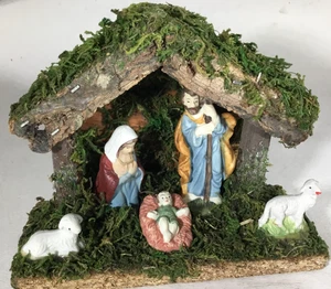 Mary, Joseph, Baby Jesus, Two Lambs, Small Nativity Set In Barn - Picture 1 of 3