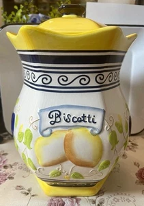 Nonnis Vintage Ceramic Hand Painted Biscotti Jar with Fruit Motif, Blue/Yellow - Picture 1 of 3