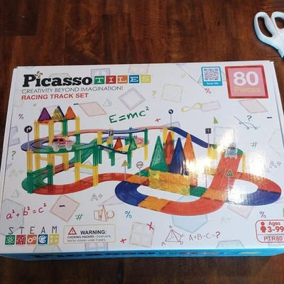PicassoTiles 80pc Race Car Track Magnetic Tiles Building Block Educational To... - Image 1 of 4