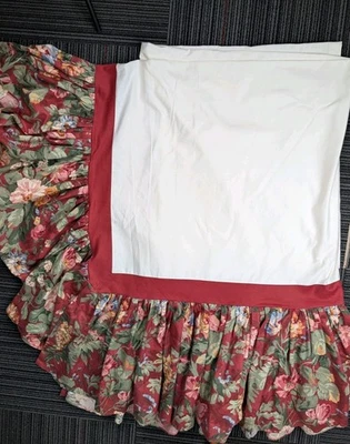 Vtg Custom P Kaufmann Crimson Cabbage Rose Calico Corner Bed Skirt Queen/Full  - Image 1 of 4
