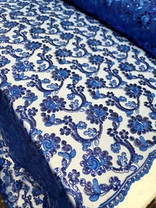 Royal Blue Corded Lace Fabric by the Yard - Embroidered with Sequins on Mesh - Picture 1 of 9
