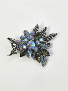 VTG Blue AB Rhinestone Brooch AS-IS Textured Molded Art Glass Gray Green Stones - Picture 1 of 9