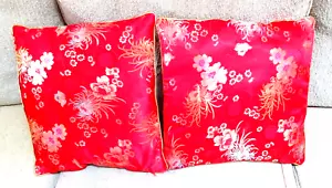 2  Matching Asian Chinese Silk Pillows Decorative Cover Red Gold with Pillow - Picture 1 of 8