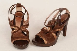 NEDA BEBE BROWN SUEDE PATENT LEATHER BRONZE REPTILE PRINT 7 37 WOMENS SHOE ITALY - Picture 1 of 9