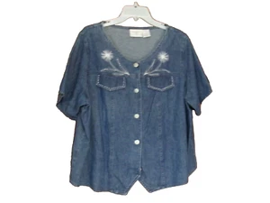 Susan Bristol Embroidered Blue Jean Top Shirt 1W Short Sleeves Dandelion 18-20 - Picture 1 of 10