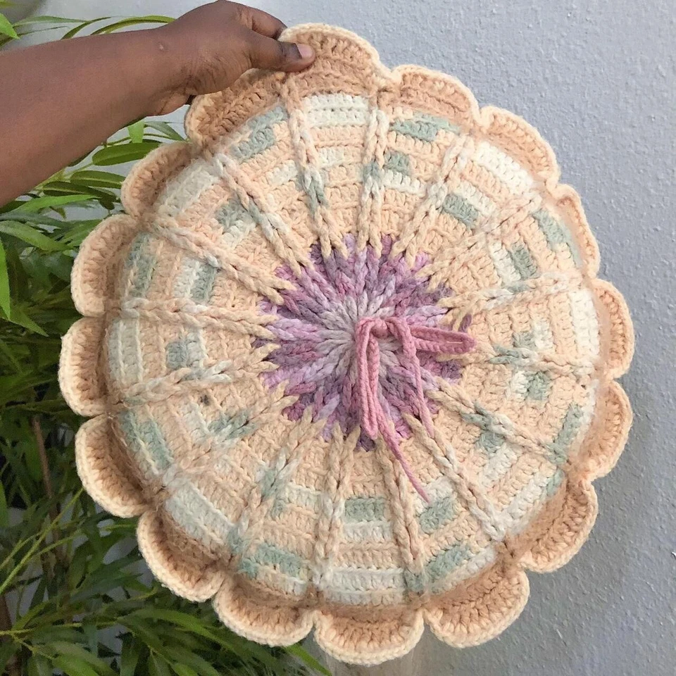 Handmade Round Granny Crochet Pillows MCM Pink Green Retro Cottagecore Fairycore - Image 1 of 4