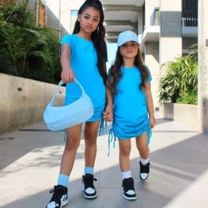 Girls Side Laced Dress Ruffle Plain Crew Neck Short Sleeves Casual Dress - Picture 1 of 8