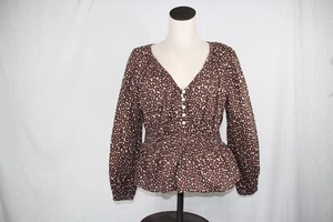 J Crew Women's V-neck smocked-waist top in mocha floral Blouse Shirt Peplum MED. - Picture 1 of 11