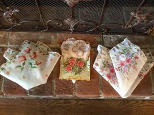 3 VTG Pretty Pink Rose W/Scalloped Rim, Embroidered & Carded &Floral Hankies - Picture 1 of 10